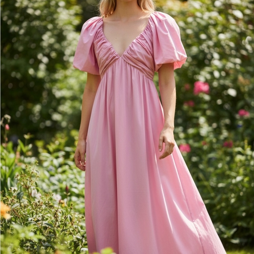 One and Only Collective. V-Neck Pink Maxi Dress with Puff Sleeves